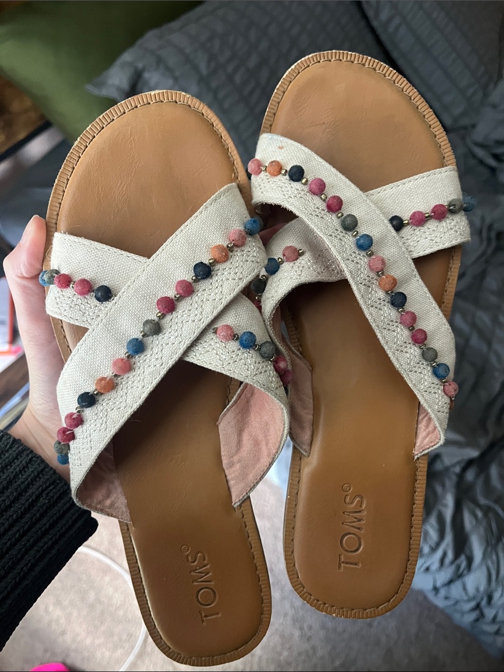 Toms White Crossband Sandals with Multicolor Beads